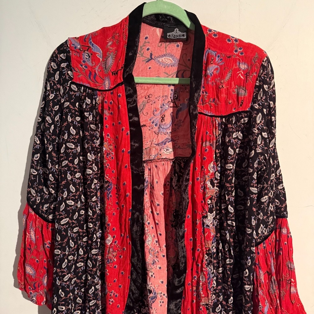 Angie Medium Boho Floral Kimono Cardigan Patchwork Velvet Trim Festival Artsy - Picture 2 of 6